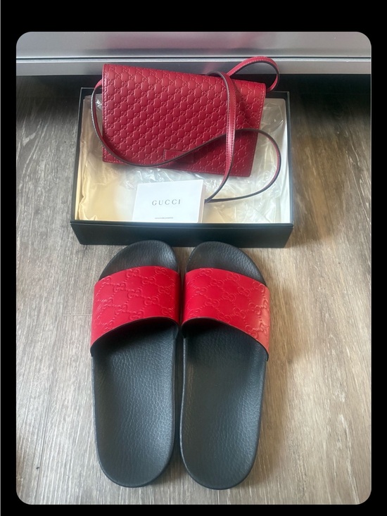 Gucci Shoes - Gucci Red and Black Embossed Leather Slide Sandals